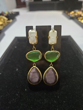 New-Turkish-Gold-Trim Glass Drop Earrings with Pearl Accent